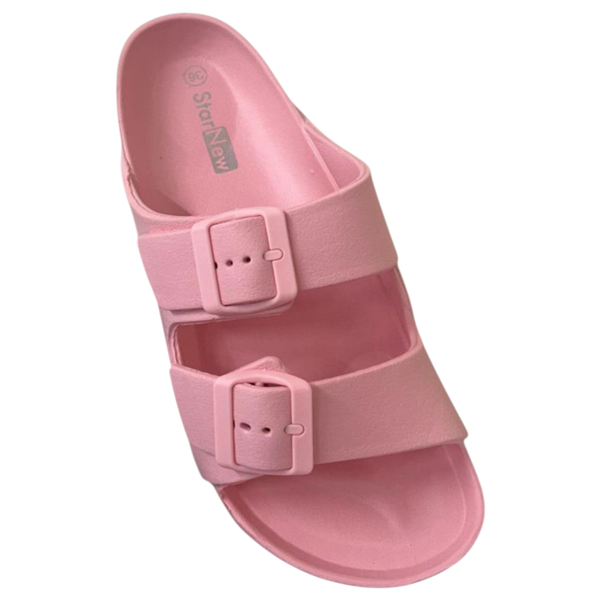 Pink Lightweight slip-on sandals with adjustable double buckle straps perfect for holiday's, beach and swimming pools